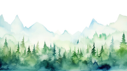 Watercolor mountains spruce trees landscape forest border, isolated hand drawn, watercolor illustration transparent background - Generative ai
