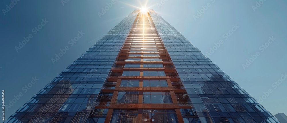 Poster Three dimensional rendering of a high rise glass building with a dark steel window system on a blue clear sky background. Business concept of future architecture.