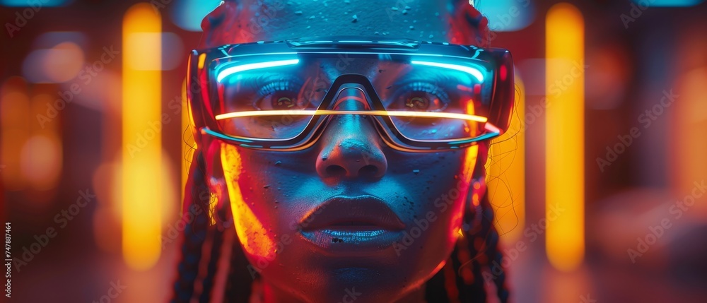 Poster women in vr glasses play the ar augmented reality nft game with neon blur lines in the metaverse pla