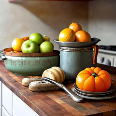 Kitchen Creations. A beautifully styled image of a rustic kitchen counter with fresh fruits