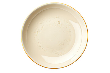 A white bowl with a luxurious gold rim stands out against a stark white background. The simplicity of the design enhances the elegance of the piece, making it a classy addition to any table setting.