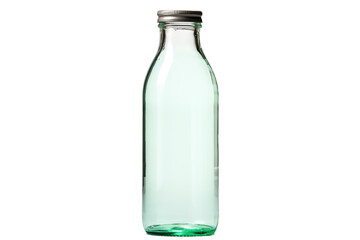 A green glass bottle with a shiny silver lid is displayed, reflecting light and standing out against its surroundings. The bottle appears to be well-crafted and elegant.