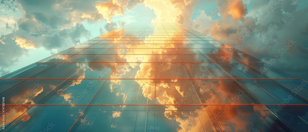 Aufkleber 3d rendering of a futuristic skyscraper office building reflected in clouds. low angle view.