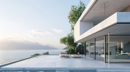 3D rendering of modern building with terrace and swimming pool on sea view background, an idea for a family vacation.