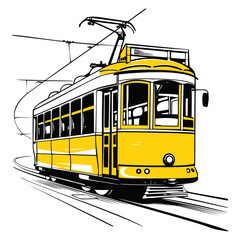 Retro tram hand drawn sketch illustration
