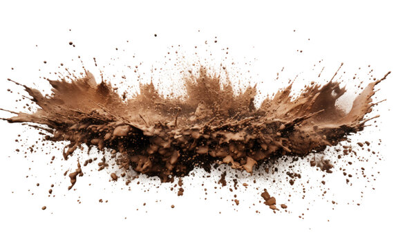 A mound of dirt has been piled up on a smooth white surface, creating a contrast of textures and colors. The dirt appears freshly disturbed, with small particles scattered around the base.