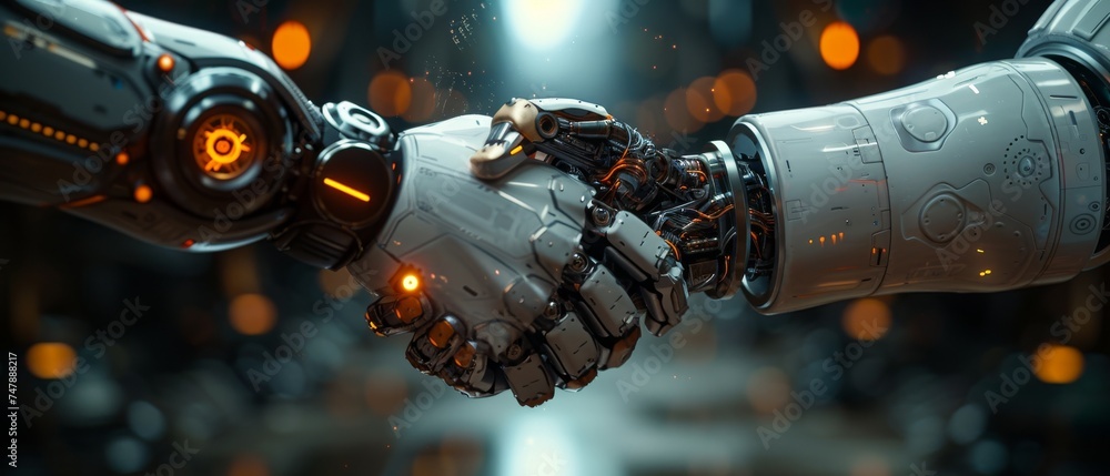 Poster handshake between businessperson and digital partner over futuristic background. ai and machine lear