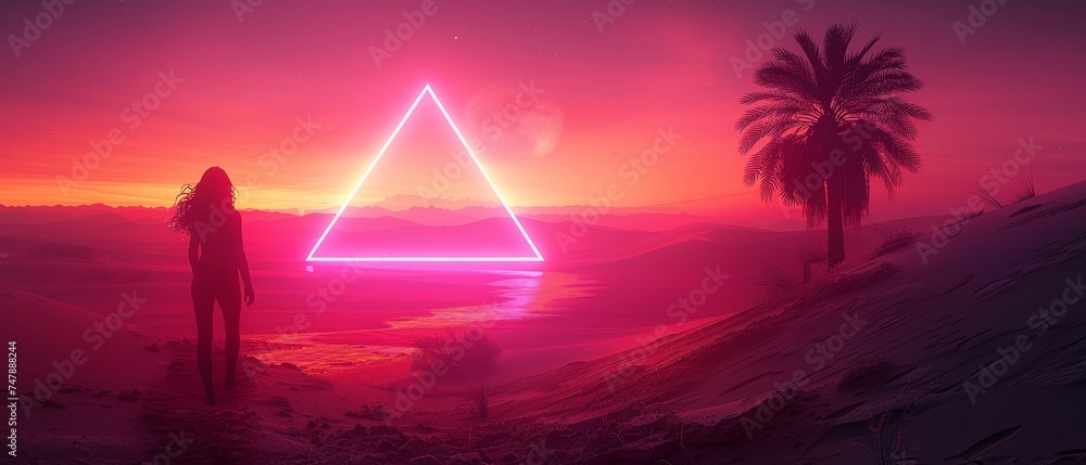 Poster A futuristic neon abstract background representing a large triangle glowing purple object at the center of a sand dune and a lonely woman walking in the desert. Dark scene with neon light star gates.