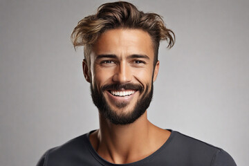 Portrait of a handsome young man with a beard and mustache smiling and looking at the camera. - obrazy, fototapety, plakaty