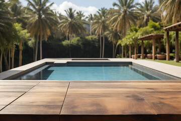 Fototapeta premium Wood table top on blur swimming pool background 