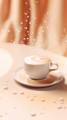 Fototapeta premium Dynamic Coffee Splash in Cappuccino Cup. Hot drink warm glow background