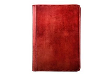A red leather notebook is placed on a plain white background. The notebook is closed, showcasing its textured cover and delicate stitching.