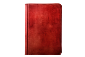 A red leather notebook is placed on a plain white background. The notebook is closed, showcasing its textured cover and delicate stitching.