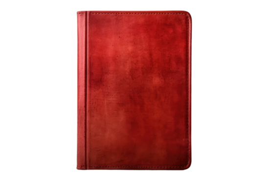 A red leather notebook is placed on a plain white background. The notebook is closed, showcasing its textured cover and delicate stitching.