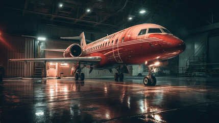 red private jet standing in a hangar at night