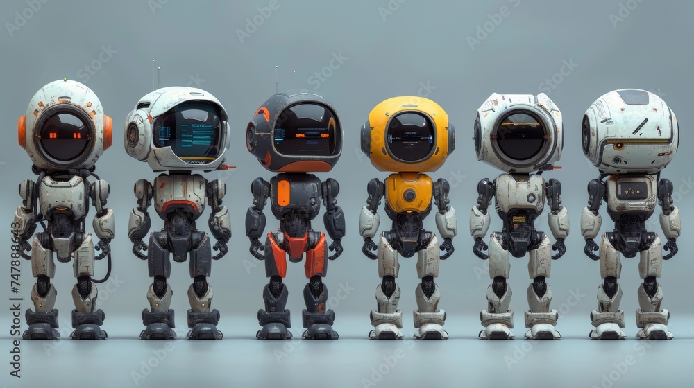 Aufkleber group of robotic characters isolated on a blue background illustrating artificial intelligence concepts