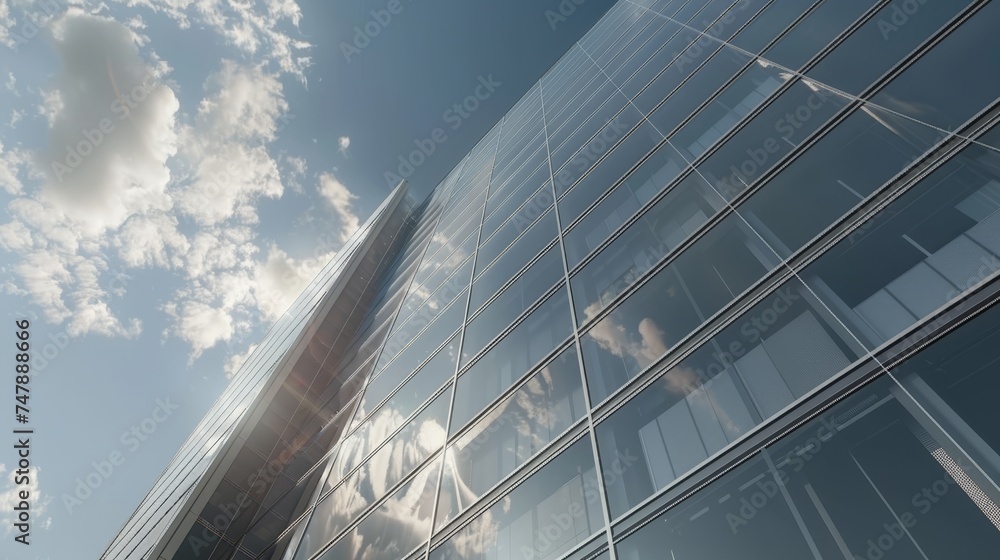 Poster A view of a high rise building with a dark steel window system and clouds reflected on the glass. Business concept of future architecture, looking up at the corner of the building. Three-dimensional