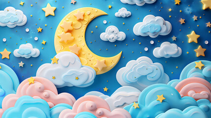 World Sleep Day moon and stars background, cure autism fairy tale starry sky scene illustration