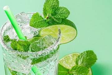close-up photo of a refreshing glass of sparkling water with lime and mint