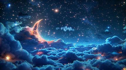 World Sleep Day moon and stars background, cure autism fairy tale starry sky scene illustration - obrazy, fototapety, plakaty
