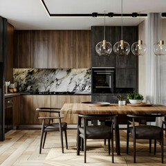 Empty minimalist kitchen with scandinavian style with wooden and white details, luxury kitchen interior in white tone