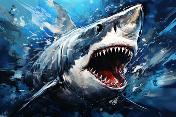 a shark with its mouth open - obrazy, fototapety, plakaty