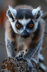 Obraz premium Illustration of a lemur standing on a tree, in the style of dark white and light gray, delicate markings, stripes, exaggerated facial features, wild animals.