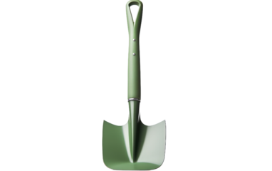A green and white shovel is positioned on a plain white background. The shovels handle extends upwards, while its blade rests on the ground.