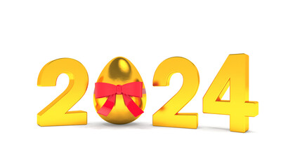3d rendering of the year 2024 in gold with the number zero as an Easter egg with a red ribbon over white background - vacation concept.