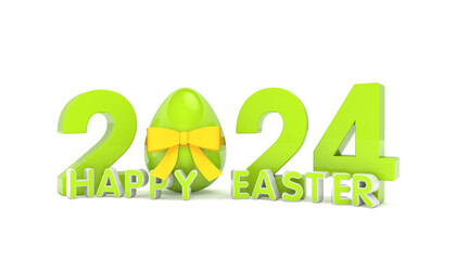 3d rendering of the year 2024 in green with the number zero as an Easter egg with a yellow ribbon, in the foreground is a lettering with the message Happy Easter over white background - vacation conce