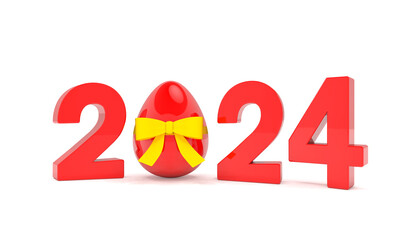 3d rendering of the year 2024 in red with the number zero as an Easter egg with a yellow ribbon over white background - vacation concept.