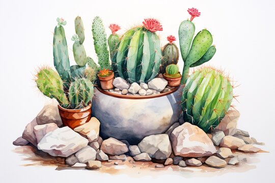 a watercolor of a potted cactus