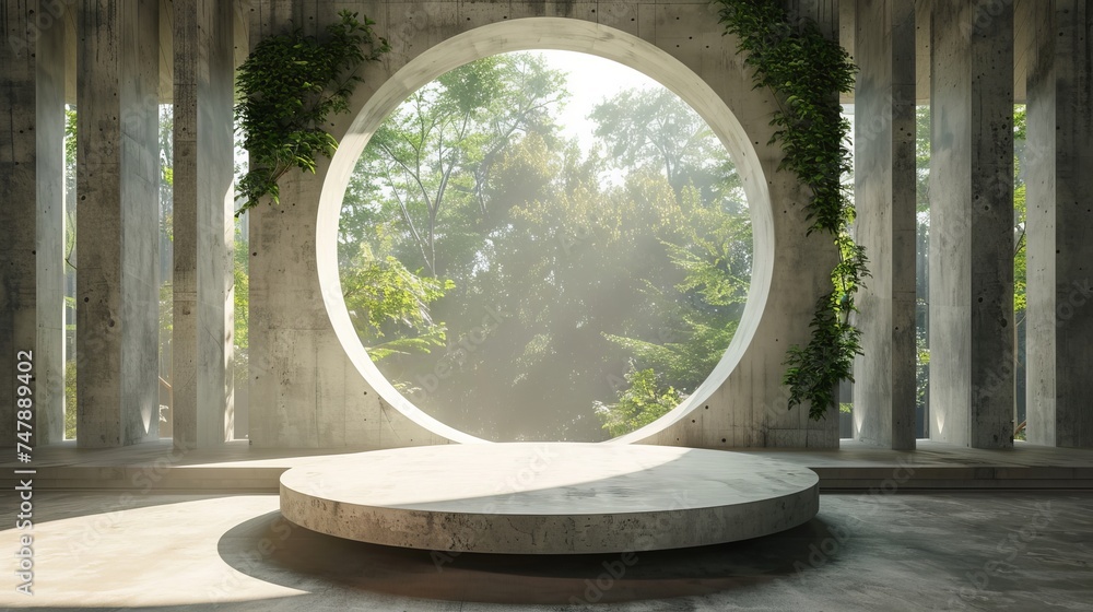 Leinwandbilder In this rendering, there is an empty concrete room with a large circle window and a round podium for presenting products against a natural backdrop.