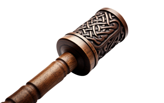 A wooden mallet with a unique decorative design carved into the handle, showcasing intricate patterns and craftsmanship. The mallet is sturdy and functional, suitable for various woodworking tasks.