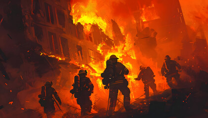 A digital illustration of agroup of firefightersbattling a raging inferno their silhouettes outlined Generative AI