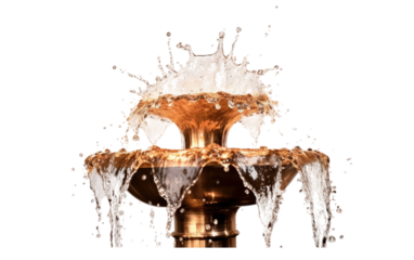 A fountain showcasing cascading water splashing out in multiple directions, creating a dynamic and visually engaging movement within the frame. The water stream hits different angles.