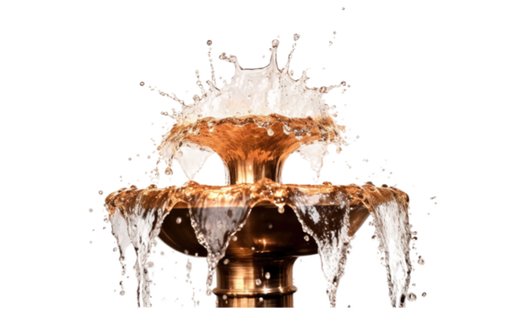 A fountain showcasing cascading water splashing out in multiple directions, creating a dynamic and visually engaging movement within the frame. The water stream hits different angles.