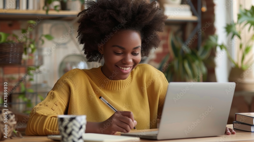 Poster millennial female studying online, watching webinar using computer and writing check list, smiling, 