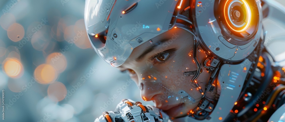 Poster A man uses technology smart robot AI, artificial intelligence for generating something using command prompts, a futuristic technological transformation with AI.