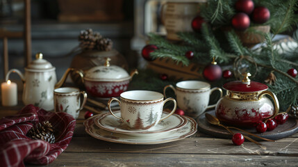 Dishware and crockery set for winter holiday family.
