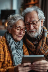An elderly couple is sharing a moment of connectivity using a tablet.