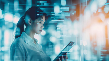 A professional woman reviews data on a tablet, surrounded by the high-tech ambiance of a server room, reflecting the intersection of technology and human oversight.