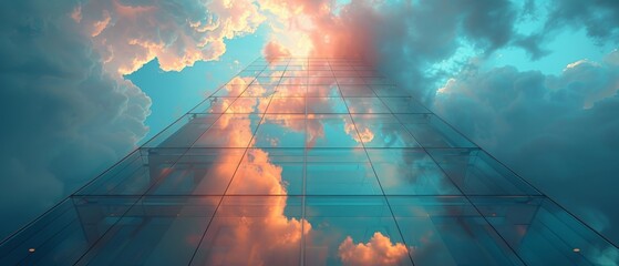 An aerial view of a skyscraper office building with clouds reflecting on its windows, with a low angle view of futuristic architecture.