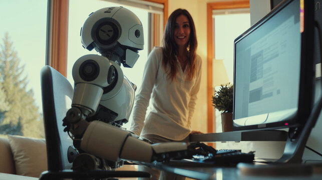 A woman stands by her desk at home, smiling at a humanoid robot, depicting a future where humans and robots coexist seamlessly in everyday lif