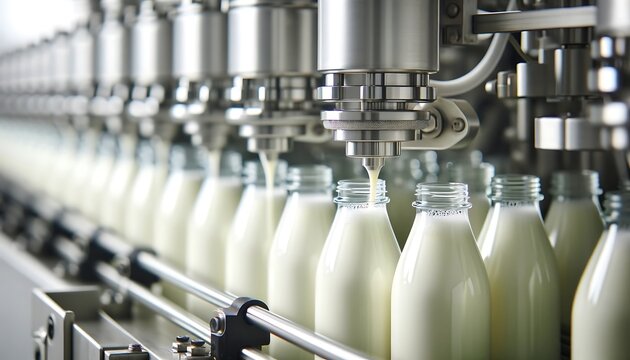 Automated filling machines precisely dispensing milk into bottles on a production line.