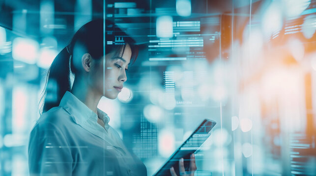 A professional woman reviews data on a tablet, surrounded by the high-tech ambiance of a server room, reflecting the intersection of technology and human oversight.