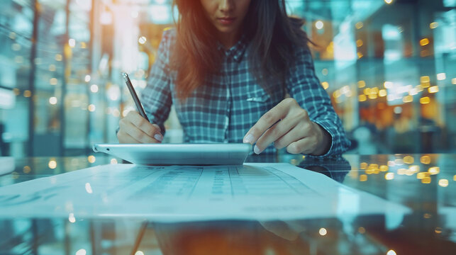 A person is deeply focused on reviewing documents on a tablet, the reflection of the bustling corporate environment mirrored on the surface, symbolizing the fusion of personal focus. - Powered by Adobe