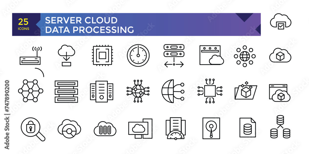 Poster server cloud computing and data processing icon set, cloud services, server, cyber security, digital