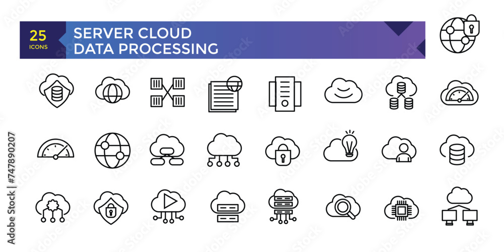 Poster server cloud computing and data processing icon set, cloud services, server, cyber security, digital