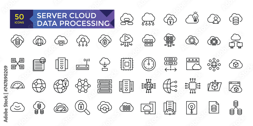 Poster server cloud computing and data processing icon set, cloud services, server, cyber security, digital